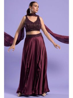 "Two Sisters" by Gyans - Maroon Satin Sequenced V-Neck Top With Sharara And Dupatta