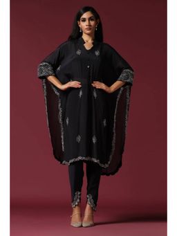 "Two Sisters" by Gyans - Black Georgette Embroidered Mandarin Neck Kaftan Kurta And Pant