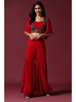"Two Sisters" by Gyans - Red Gharara Set With A Flared Top