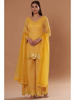 "Two Sisters" by Gyans - Yellow Georgette Embroidered V-Neck Kurta With Palazzo And Dupatta