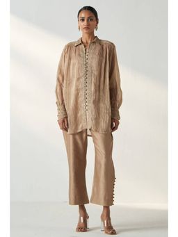 "Two Sisters" by Gyans - Gold Organza Solid/Plain Collar Neck Kurta And Pant