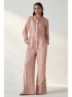 "Two Sisters" by Gyans - Soft Pink Dola Silk Shirt And Georgette Pant Set With Floral Co-ords