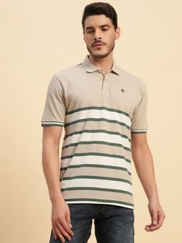 Cantabil - Beige Regular Fit Stripes Polo T-Shirt