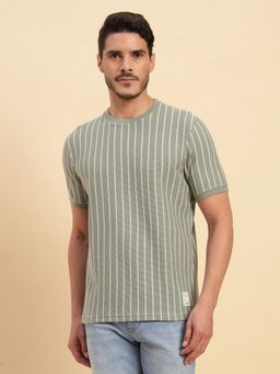 Cantabil - Green Regular Fit Stripes T-Shirt