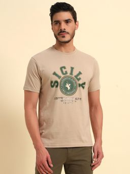Cantabil - Beige Regular Fit Printed T-Shirt