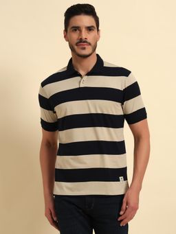 Cantabil - Navy Blue Regular Fit Colorblock Polo T-Shirt