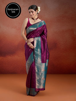 Likha - Kanjivaram Raw Silk Saree with Contrast Copper Zari Work & Unstitched Blouse LIKJLNSAR03