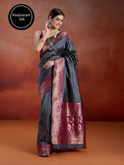 Likha - Kanjivaram Raw Silk Saree with Contrast Wine Border and Unstitched Blouse LIKJLNSAR05