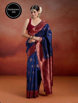 Likha - Kanjivaram Raw Silk Saree Maroon Zari Border & Contrast Pallu & Unstitched Blouse LIKJLNSAR06