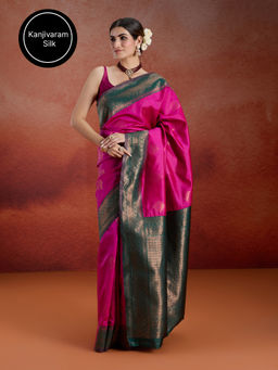 Likha - Kanjivaram Raw Silk Saree with Zari Border and Contrast Pallu & Unstitched Blouse LIKJLNSAR07