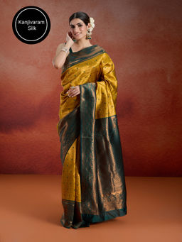 Likha - Kanjivaram Raw Silk Saree with Contrast Border and Pallu & Unstitched Blouse LIKJLNSAR14