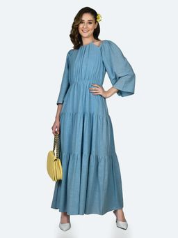 Zink London - Womens Blue Self Design Maxi Dress