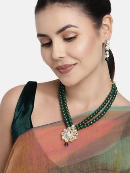 I Jewels - Gold Plated Traditional Pearl & Stone Necklace Jewellery Set