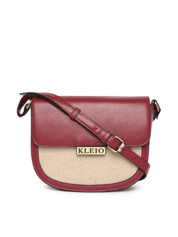 KLEIO - Jute Canvas Pu Leather Crossbody Side Sling Bag for Women Girls (Ho8038Kl-Ch) (Cherry)