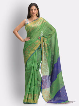 Angoshobha - Green Tangail Cotton Blended Handloom Saree with Unstitched Blouse