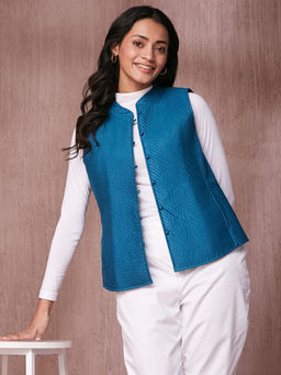Fabindia - Turquoise Viscose Silk Quilted Reversible Jacket