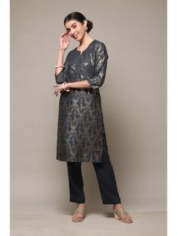Biba - Women Charcoal Woven Kurta with Pant (Set of 2)