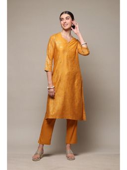 Biba - Women Yellow Woven Kurta with Pant (Set of 2)