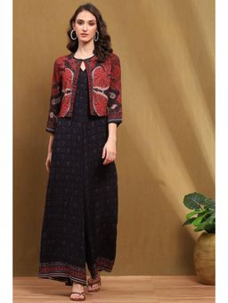 Biba - Women Navy Blue Printed Jumpsuit with Jacket (Set of 2)