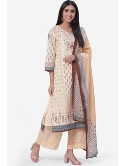 Biba - Women Beige Floral Kurta with Palazzo, Inner and Dupatta (Set of 4)