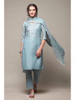 Biba - Women Blue Embroidered Kurta with Pant and Dupatta (Set of 3)
