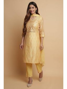 Biba - Women Yellow Embroidered Kurta with Pant and Dupatta (Set of 3)