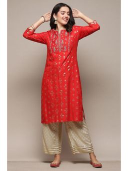 Biba - Women Red Embroidered Kurta with Palazzo (Set of 2)