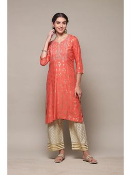 Biba - Women Coral Embroidered Kurta with Palazzo (Set of 2)