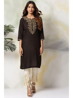 Biba - Women Brown Embroidered Kurta with Pant (Set of 2)