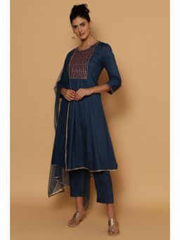 Biba - Women Blue Woven Kurta with Pant and Dupatta (Set of 3)