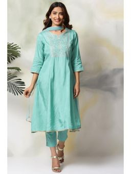 Biba - Women Turquoise Embroidered Kurta with Pant and Dupatta (Set of 3)