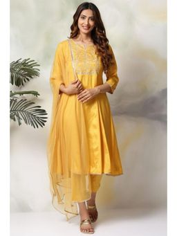 Biba - Women Yellow Embroidered Kurta with Pant and Dupatta (Set of 3)