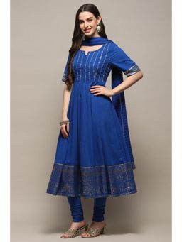 Biba - Women Blue Embroidered Anarkali Kurta with Churidar and Dupatta (Set of 3)