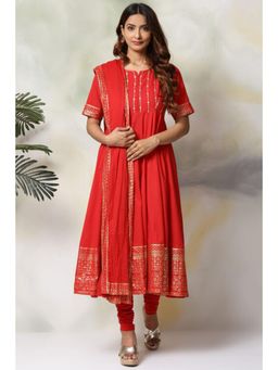 Biba - Women Red Embroidered Anarkali Kurta with Churidar and Dupatta (Set of 3)
