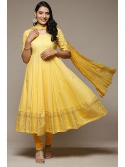 Biba - Women Yellow Embroidered Anarkali Kurta with Churidar and Dupatta (Set of 3)