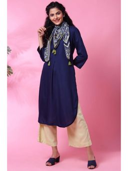 Biba - Women Navy Blue Solid Kurta with Palazzo and Scarf (Set of 3)