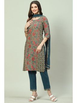 Biba - Women Teal Floral Kurta with Pant and Dupatta (Set of 3)