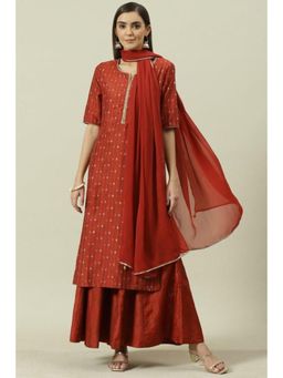 Biba - Women Red Embroidered Kurta with Palazzo and Dupatta (Set of 3)