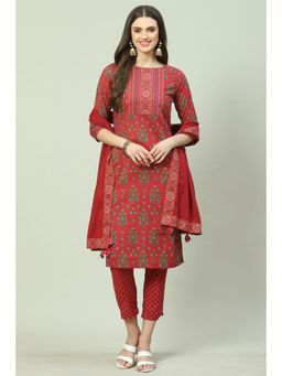 Biba - Women Red Floral Kurta with Pant and Dupatta (Set of 3)