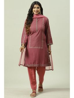 Biba - Women Taupe Embroidered Kurta with Salwar and Dupatta (Set of 3)