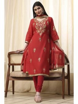 Biba - Women Red Floral Kurta with Churidar and Dupatta (Set of 3)