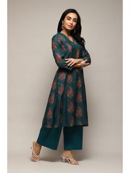 Biba - Women Teal Woven Kurta with Palazzo (Set of 2)