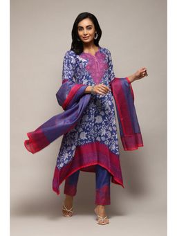 Biba - Women Navy Blue Floral Kurta with Pant and Dupatta (Set of 3)