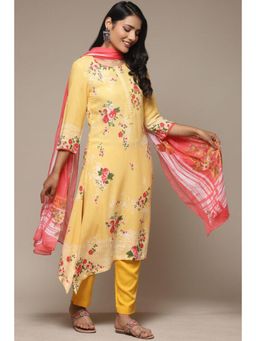 Biba - Women Yellow Floral Kurta with Pant and Dupatta (Set of 3)