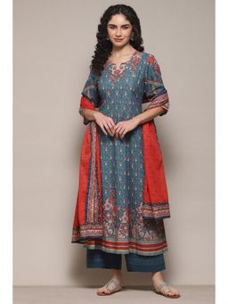 Biba - Women Teal Floral Kurta with Palazzo and Dupatta (Set of 3)