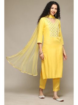 Biba - Women Yellow Embroidered Kurta with Pant and Dupatta (Set of 3)