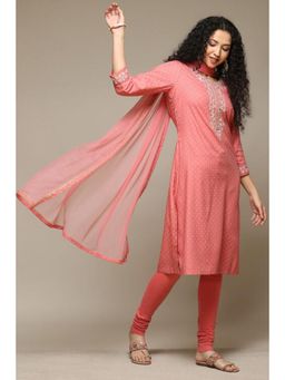 Biba - Women Coral Embroidered Kurta with Churidar and Dupatta (Set of 3)