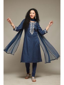 Biba - Women Navy Blue Embroidered Kurta with Churidar and Dupatta (Set of 3)