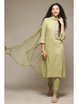 Biba - Women Green Embroidered Kurta with Churidar and Dupatta (Set of 3)