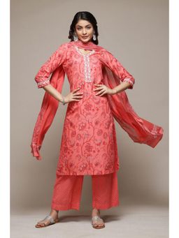 Biba - Women Coral Embroidered Kurta with Palazzo and Dupatta (Set of 3)